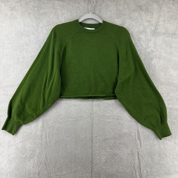 Zara Sweater Women M Green Knit Cropped Crew Neck Long Bishop Sleeve Relax Fit - Picture 1 of 9